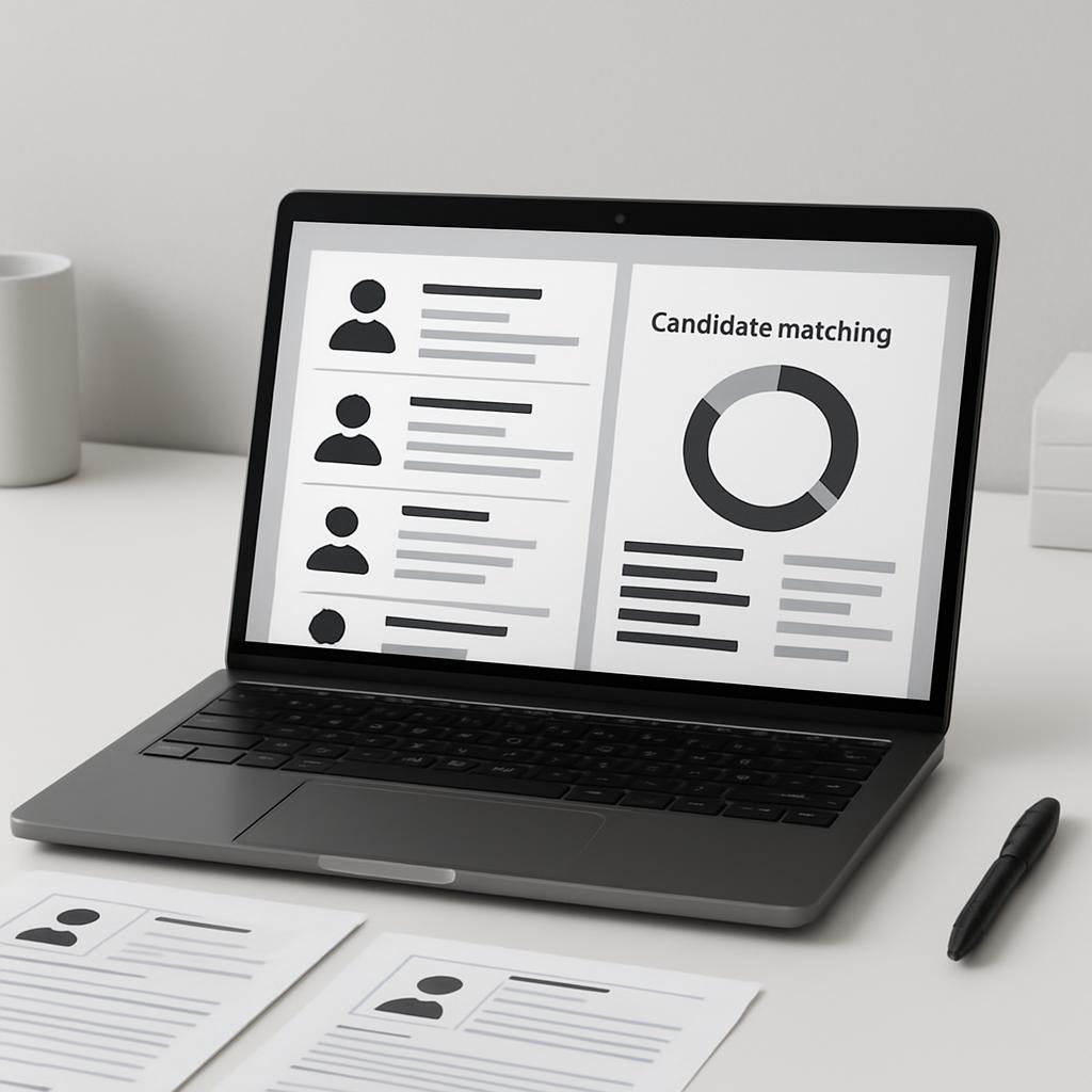A laptop computer displaying a candidate matching presentation, surrounded by several resumes on a white table.